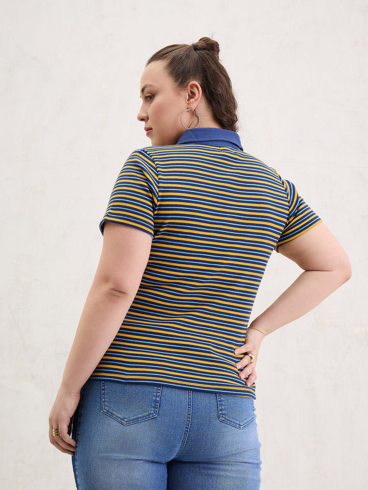 Yellow &amp; Navy Rib Stripe Polo Neck Top-SASSAFRAS Curve