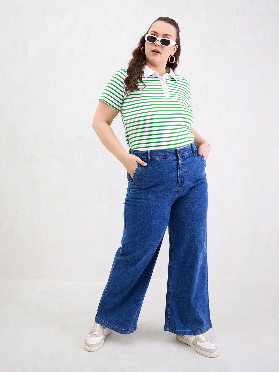 Green &amp; White Rib Stripe Polo Neck Top-SASSAFRAS Curve