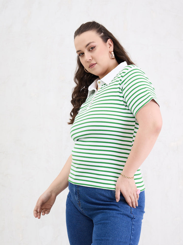 Green &amp; White Rib Stripe Polo Neck Top-SASSAFRAS Curve