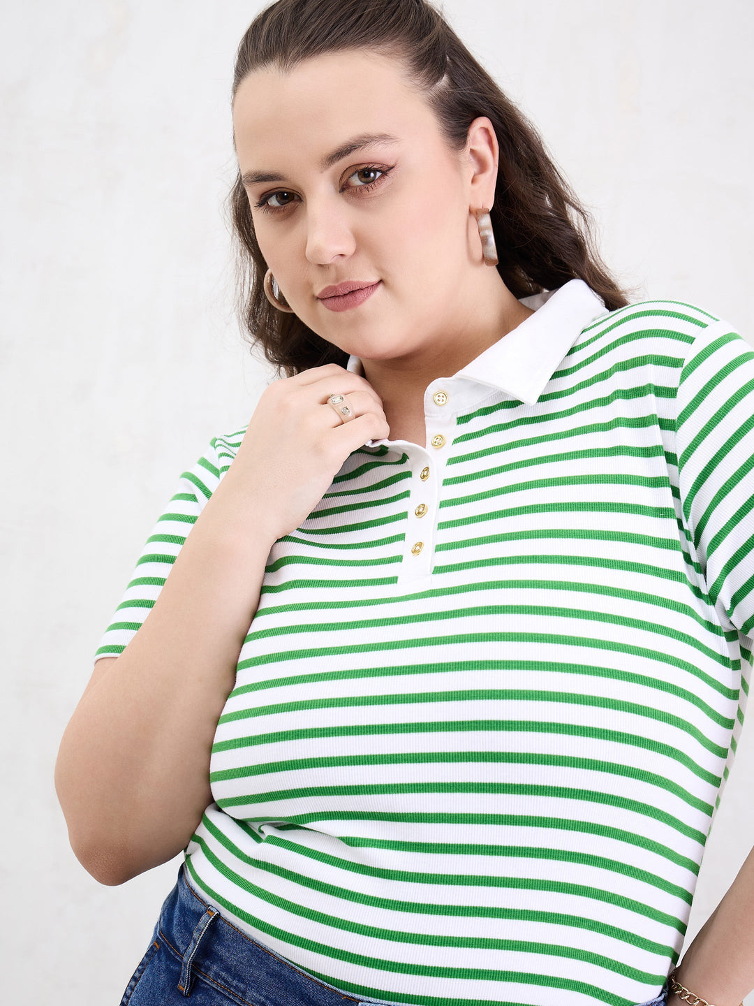 Green &amp; White Rib Stripe Polo Neck Top-SASSAFRAS Curve