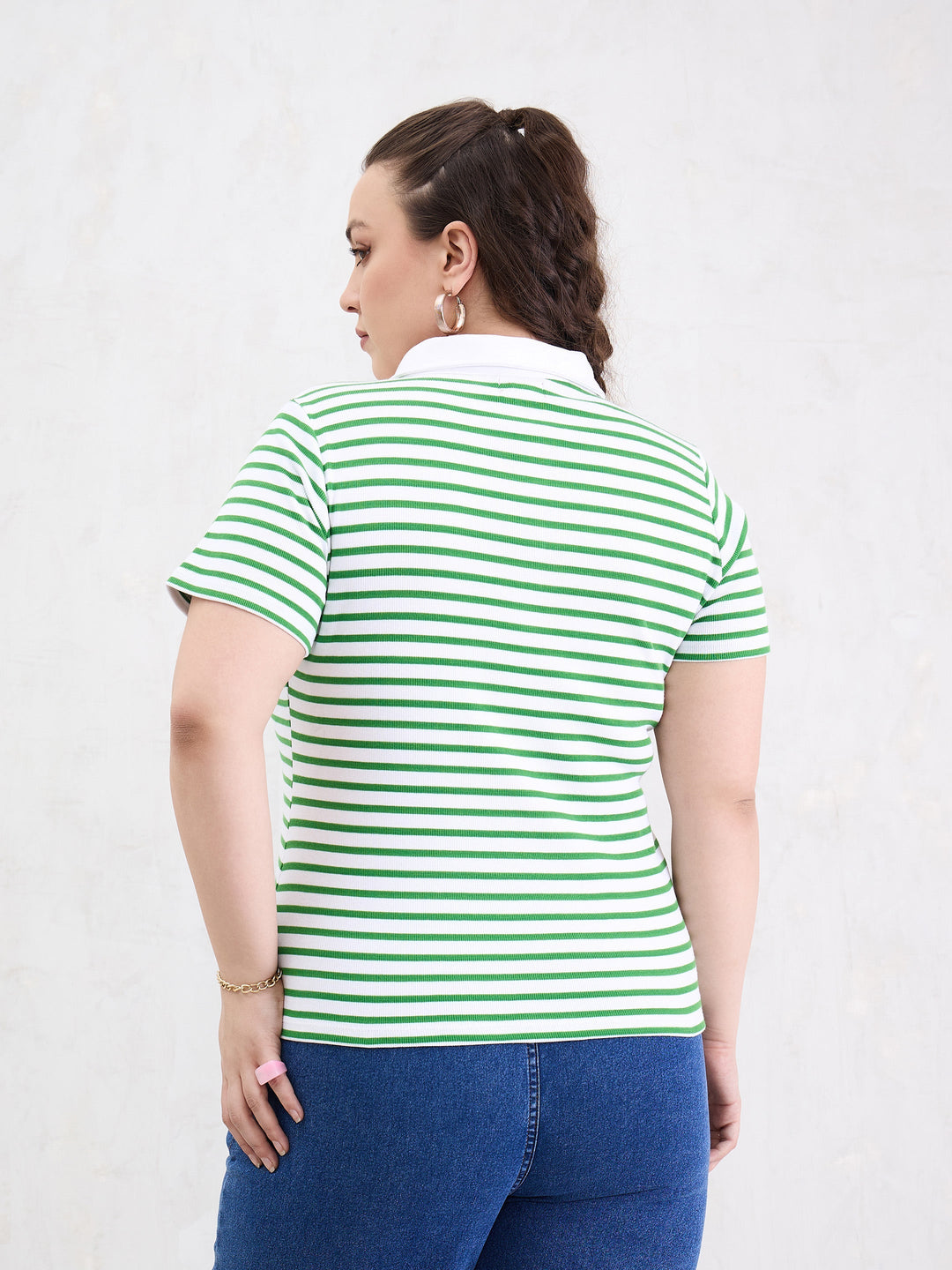 Green &amp; White Rib Stripe Polo Neck Top-SASSAFRAS Curve