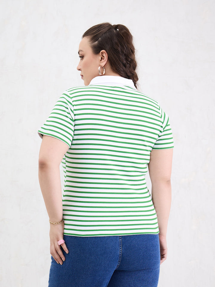 Green &amp; White Rib Stripe Polo Neck Top-SASSAFRAS Curve