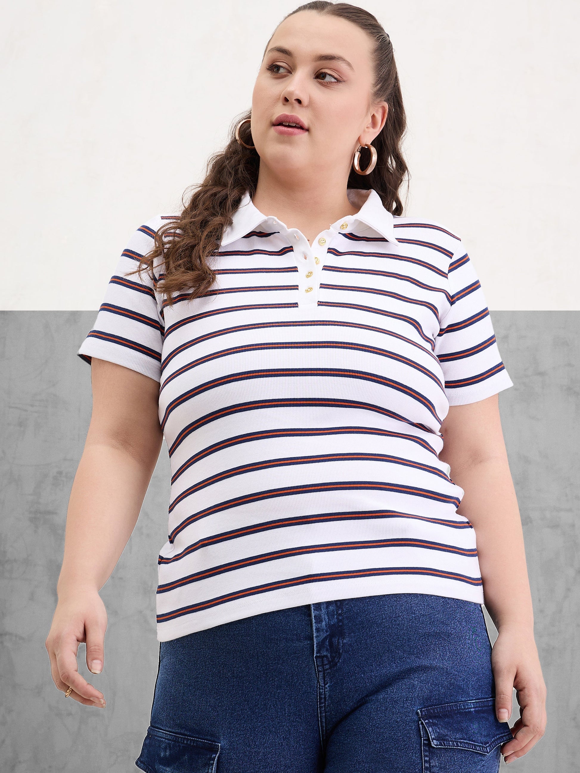 Plus size women's White Cotton White & Navy Rib Stripe Polo Neck Top by Sassafras Curve for wholesale buyers, boutiques, resellers and bulk orders