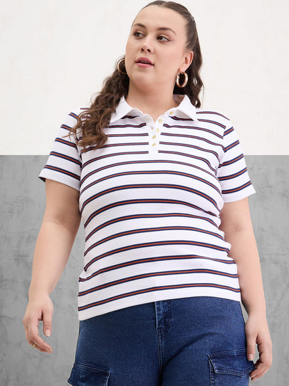 Plus size women's White Cotton White & Navy Rib Stripe Polo Neck Top by Sassafras Curve for wholesale buyers, boutiques, resellers and bulk orders