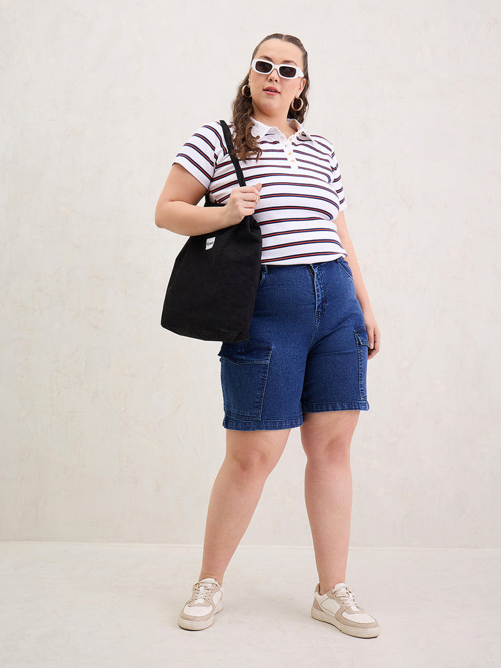 White &amp; Navy Rib Stripe Polo Neck Top-SASSAFRAS Curve