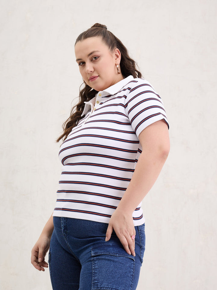 White &amp; Navy Rib Stripe Polo Neck Top-SASSAFRAS Curve