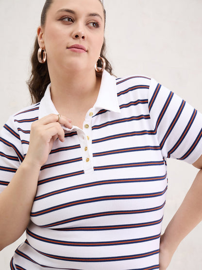 White & Navy Rib Stripe Polo Neck Top-SASSAFRAS Curve