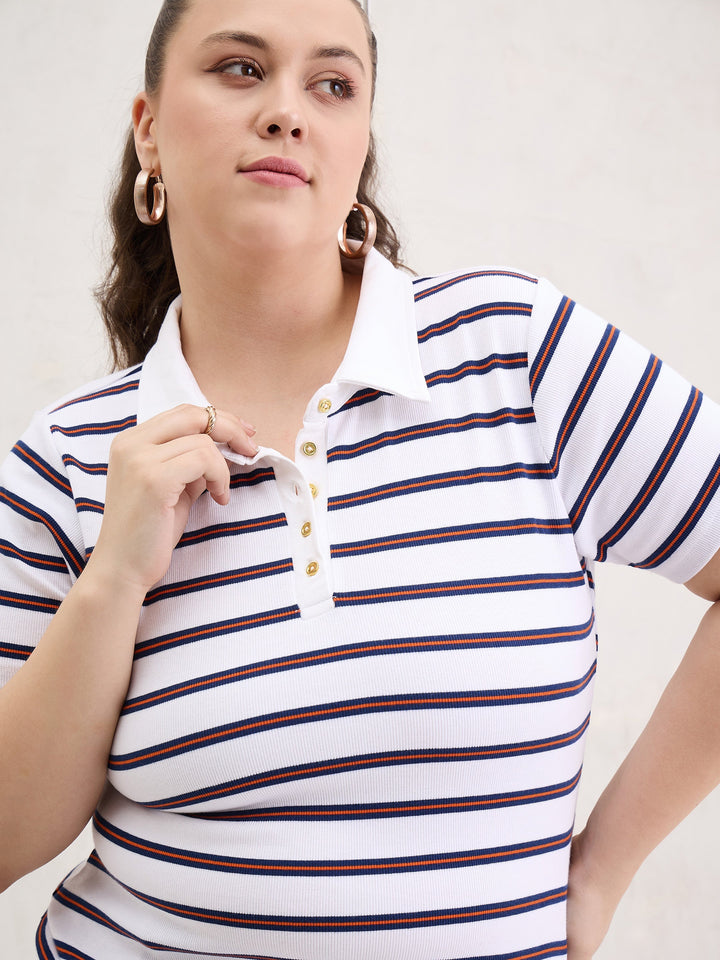 White &amp; Navy Rib Stripe Polo Neck Top-SASSAFRAS Curve