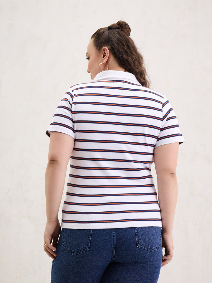 White &amp; Navy Rib Stripe Polo Neck Top-SASSAFRAS Curve