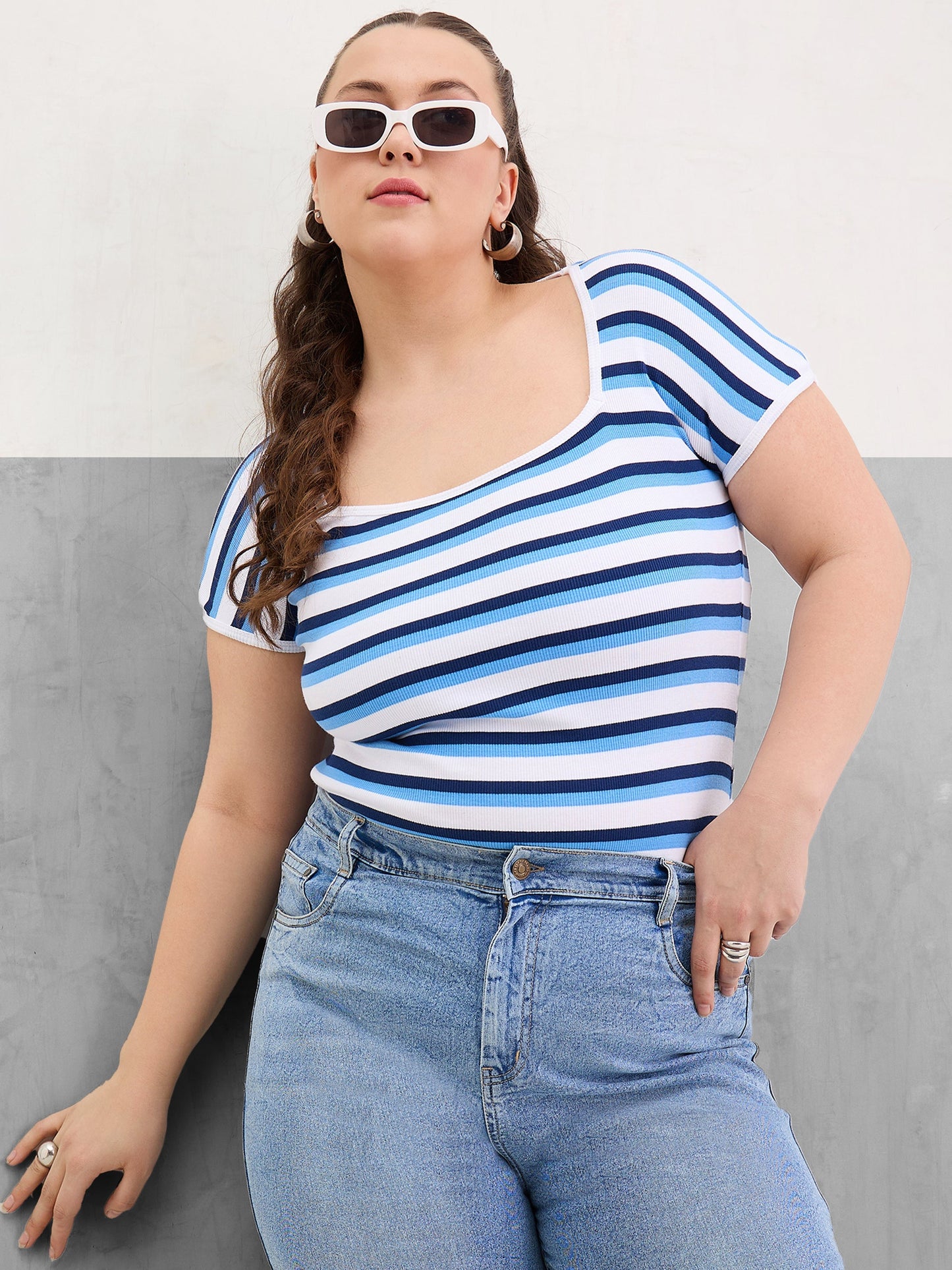 Plus size women's White Cotton White & Blue Rib Stripe Square Neck Top by Sassafras Curve for wholesale buyers, boutiques, resellers and bulk orders