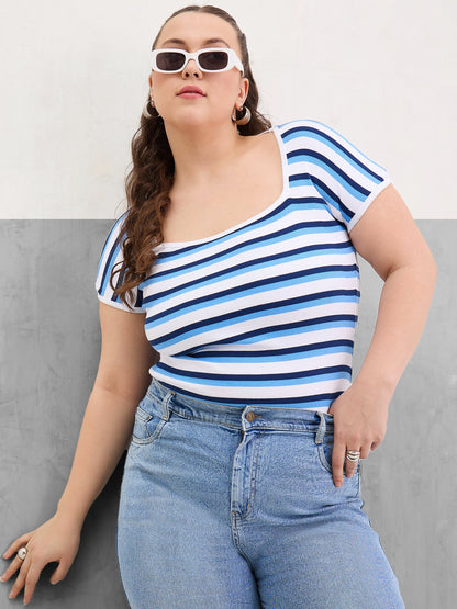 Plus size women's White Cotton White & Blue Rib Stripe Square Neck Top by Sassafras Curve for wholesale buyers, boutiques, resellers and bulk orders
