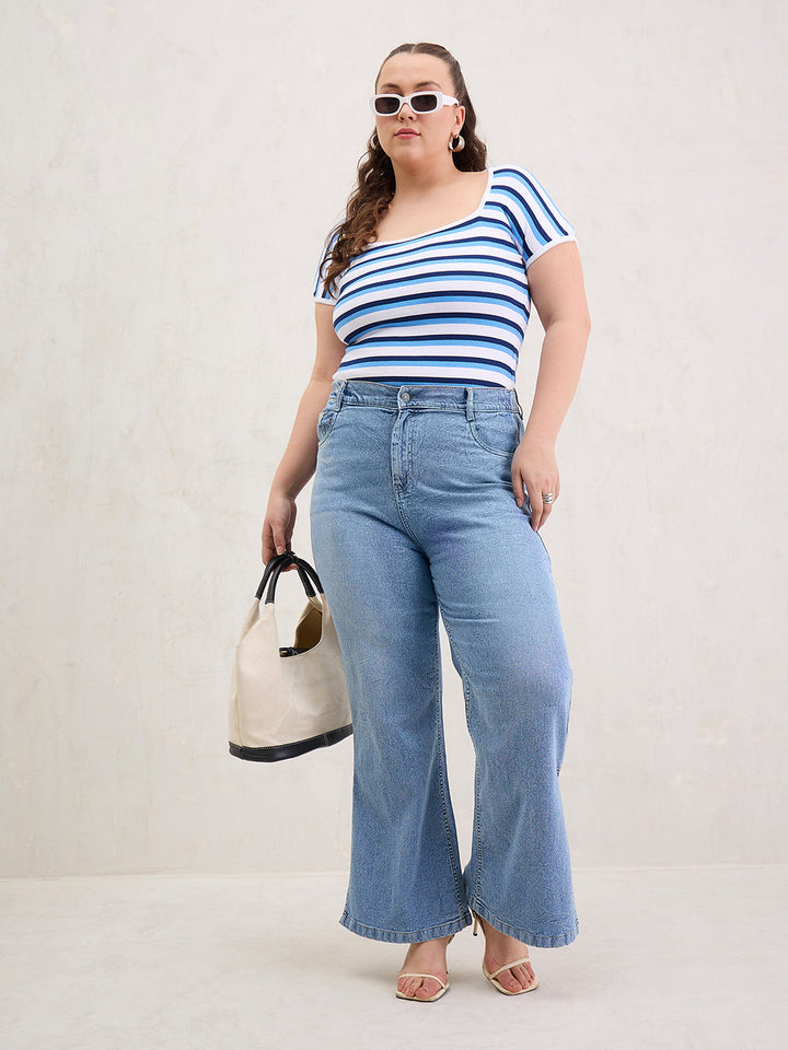White &amp; Blue Rib Stripe Square Neck Top-SASSAFRAS Curve