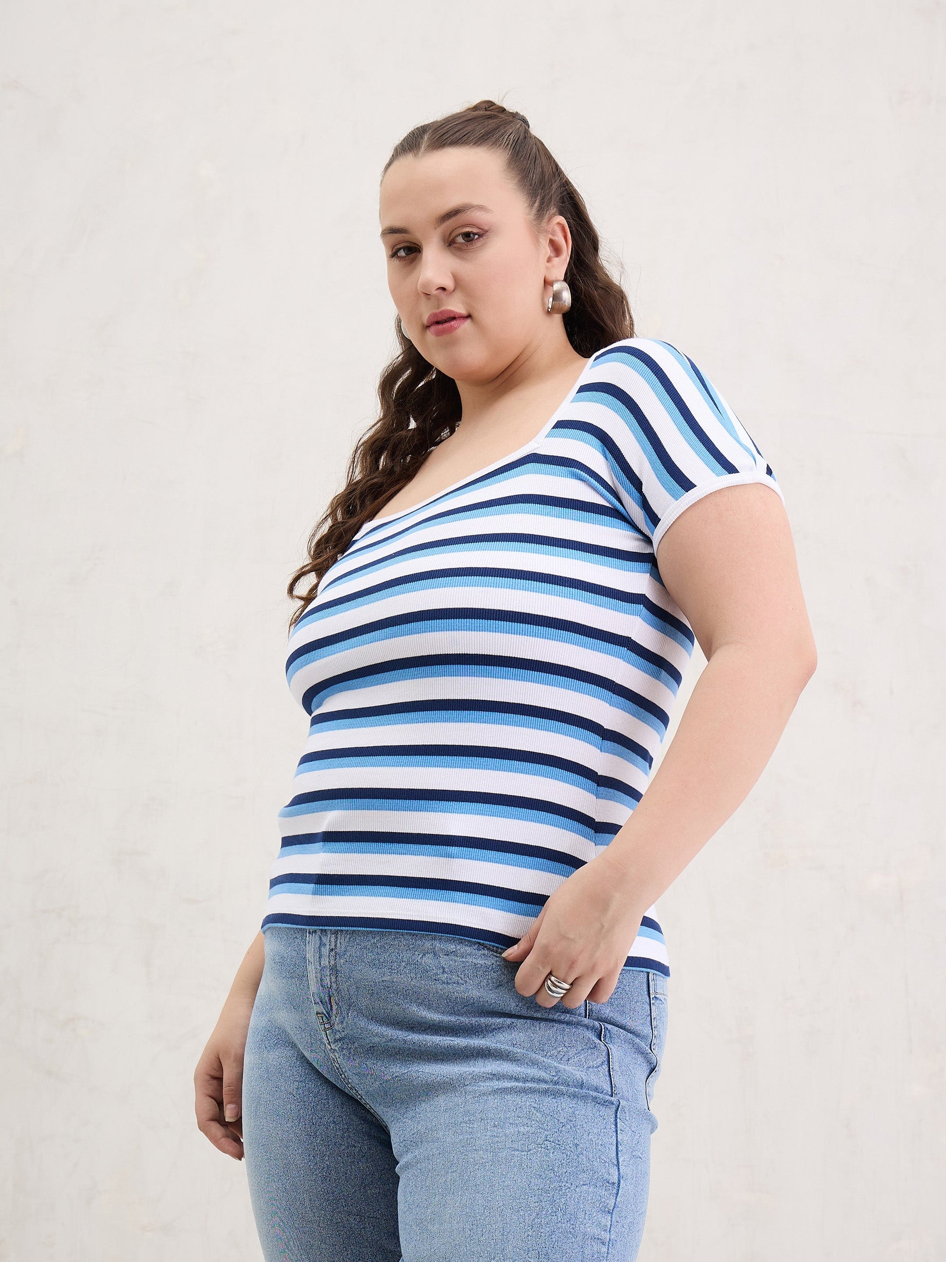 White & Blue Rib Stripe Square Neck Top-SASSAFRAS Curve