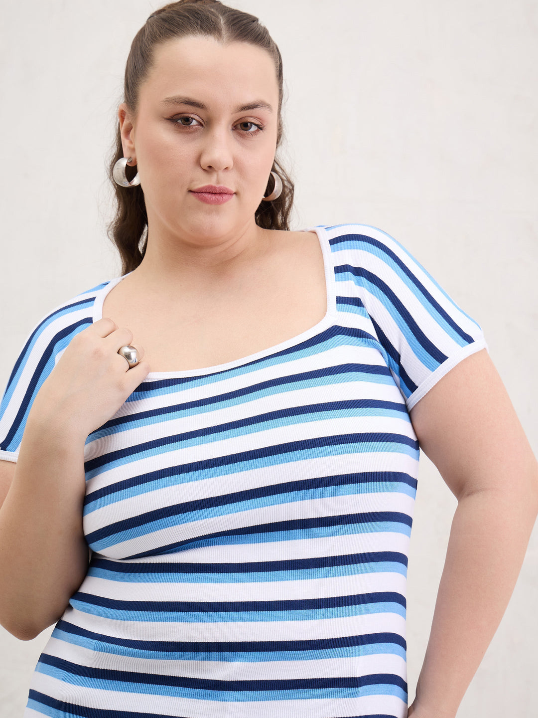 White &amp; Blue Rib Stripe Square Neck Top-SASSAFRAS Curve