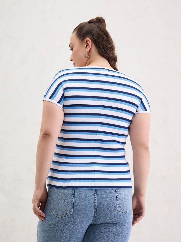 White &amp; Blue Rib Stripe Square Neck Top-SASSAFRAS Curve