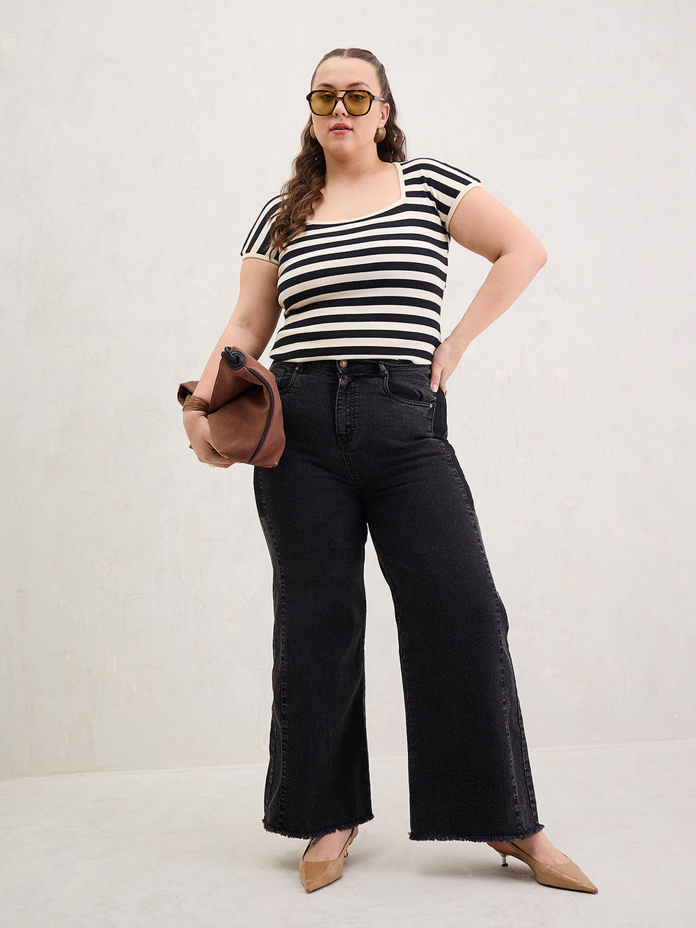 Black & Off White Rib Stripe Square Neck Top-SASSAFRAS Curve