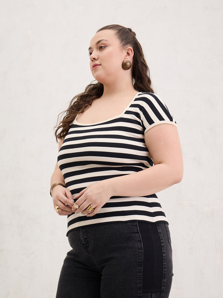 Black &amp; Off White Rib Stripe Square Neck Top-SASSAFRAS Curve