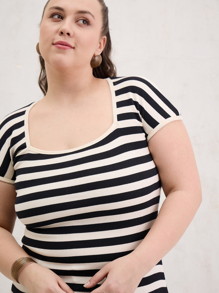 Black &amp; Off White Rib Stripe Square Neck Top-SASSAFRAS Curve