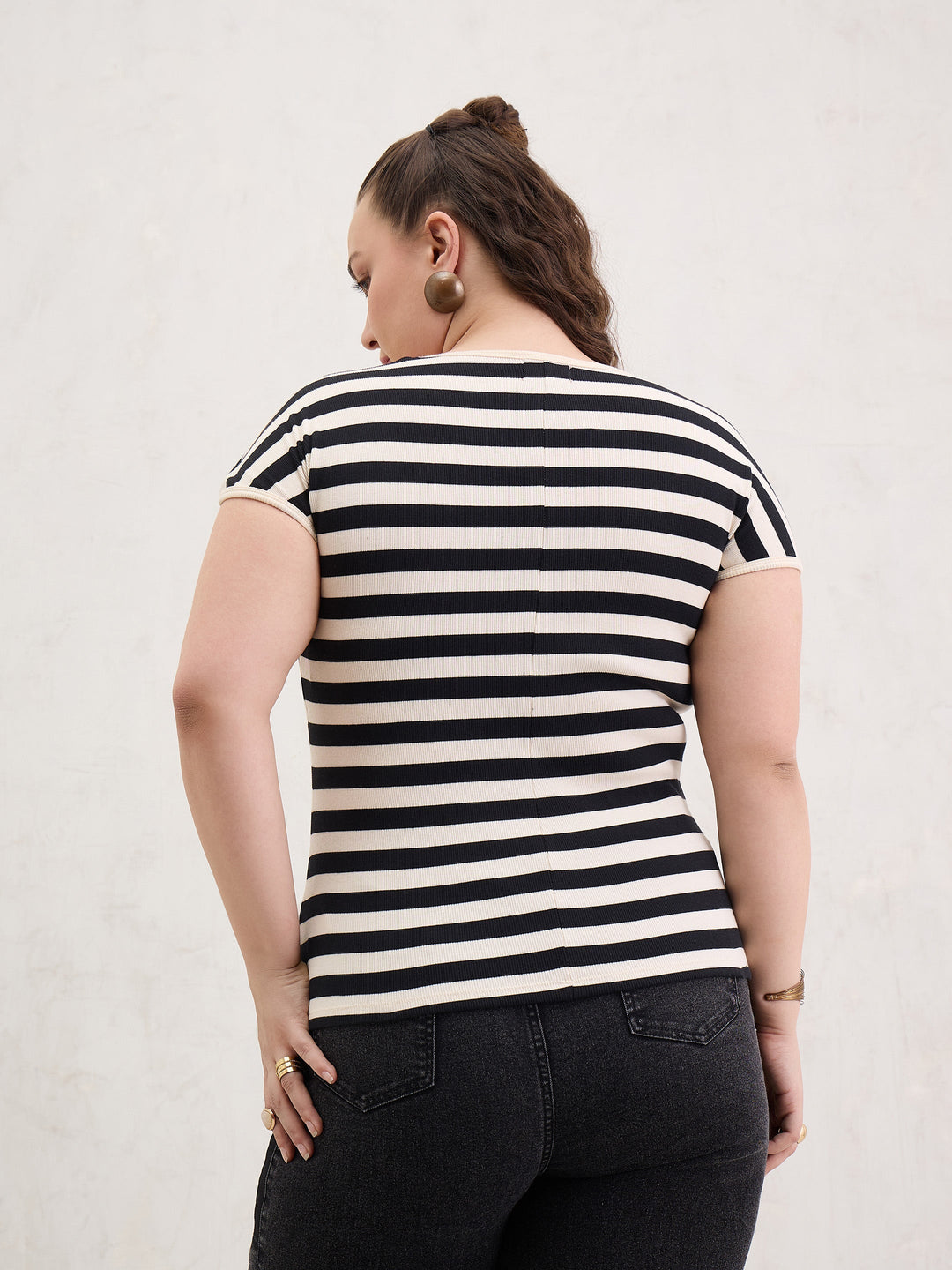 Black &amp; Off White Rib Stripe Square Neck Top-SASSAFRAS Curve