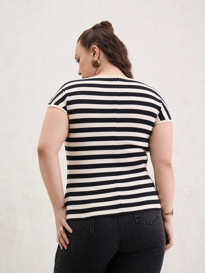 Black &amp; Off White Rib Stripe Square Neck Top-SASSAFRAS Curve