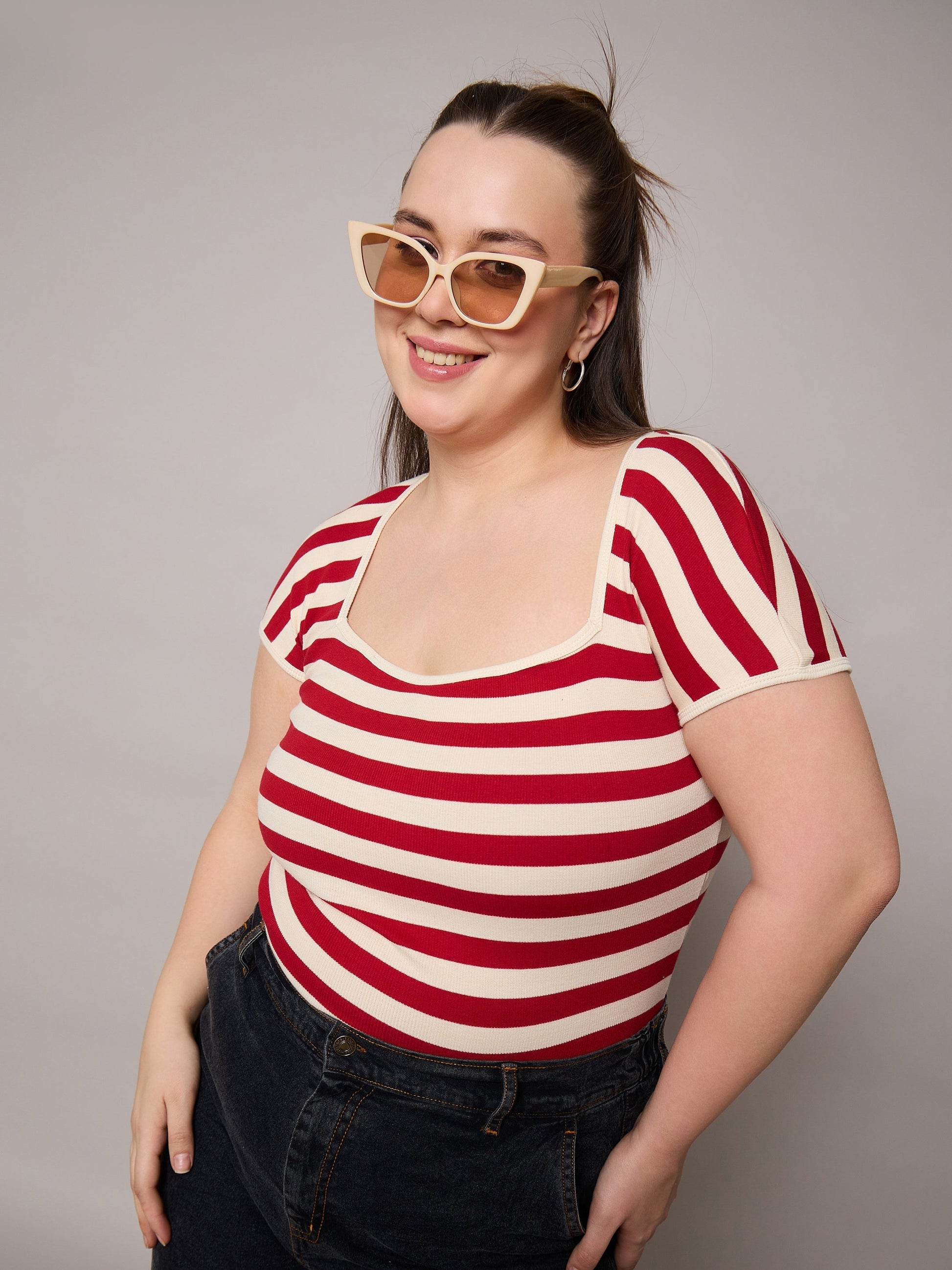 Plus size women's Red Cotton Red & Off White Rib Stripe Square Neck Top by Sassafras Curve for wholesale buyers, boutiques, resellers and bulk orders