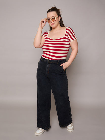 Red & Off White Rib Stripe Square Neck Top-SASSAFRAS Curve