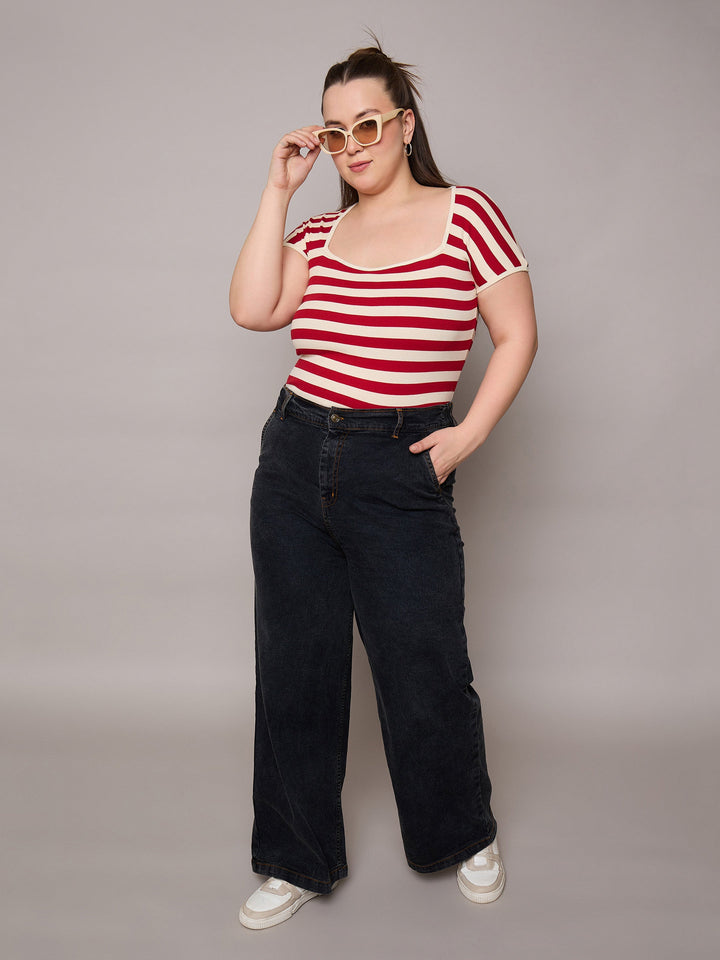 Red &amp; Off White Rib Stripe Square Neck Top-SASSAFRAS Curve