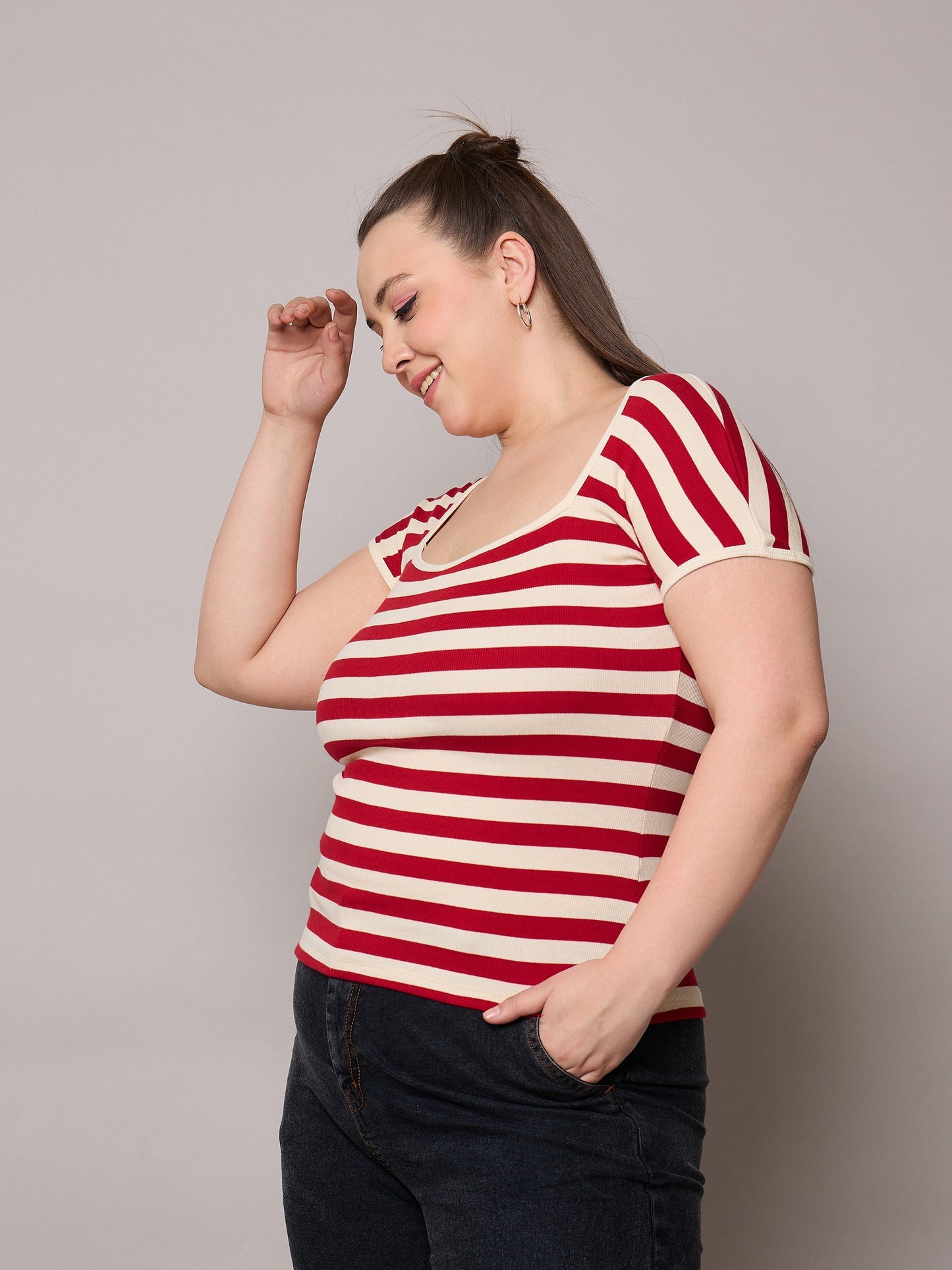 Red & Off White Rib Stripe Square Neck Top-SASSAFRAS Curve
