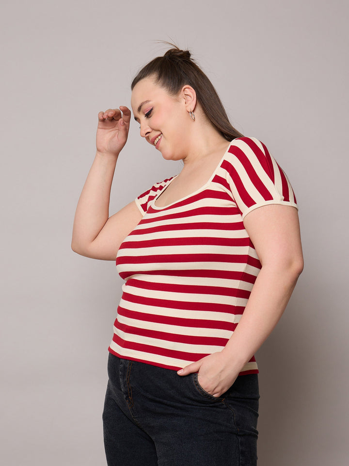 Red &amp; Off White Rib Stripe Square Neck Top-SASSAFRAS Curve