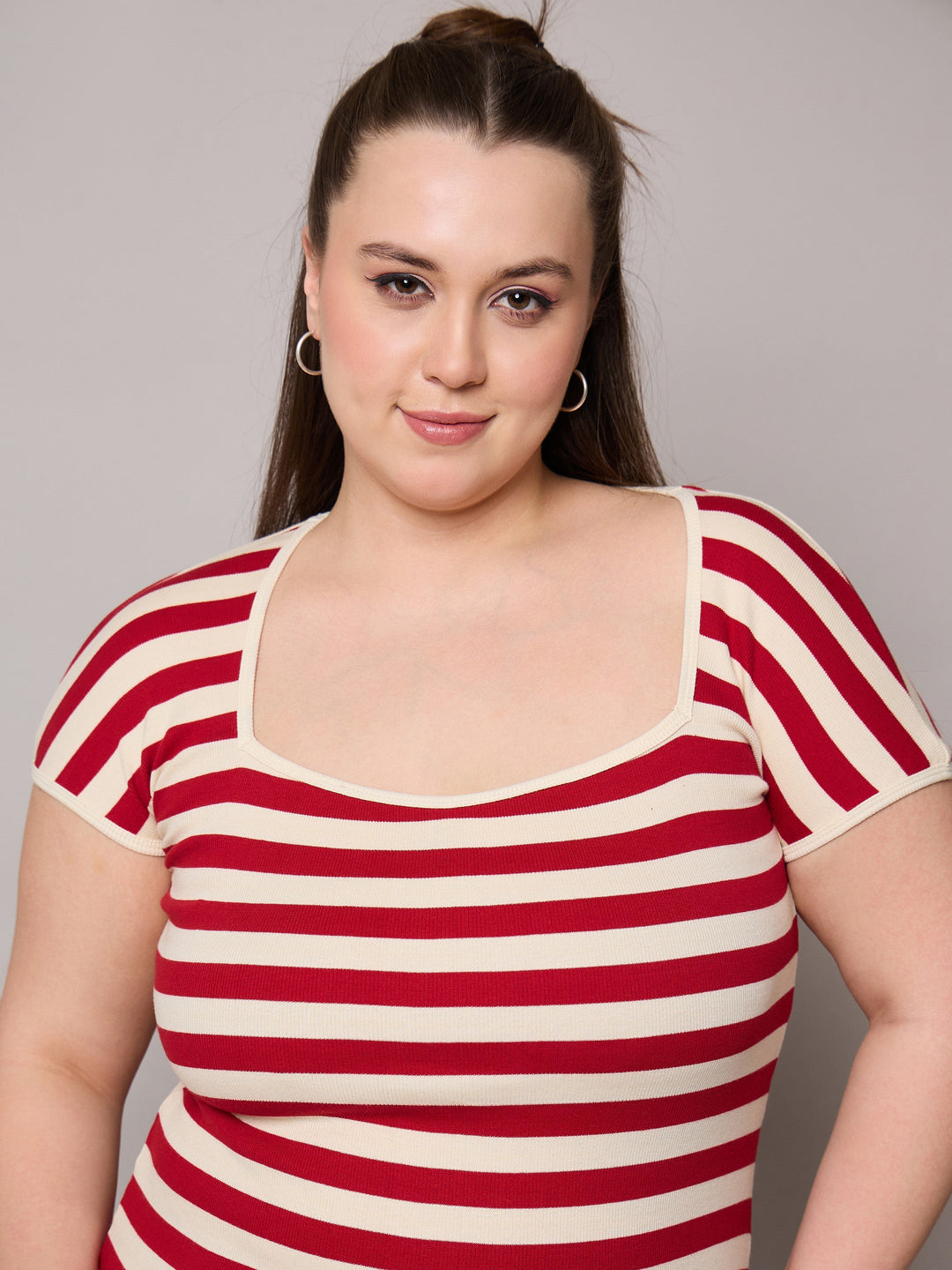 Red &amp; Off White Rib Stripe Square Neck Top-SASSAFRAS Curve