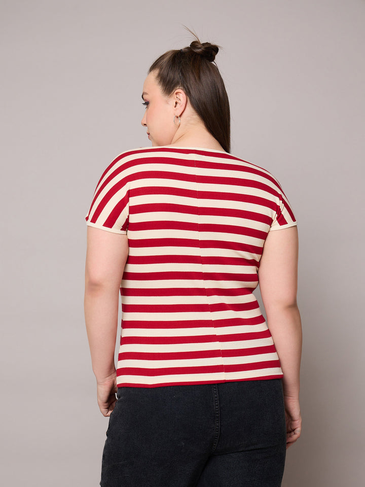 Red &amp; Off White Rib Stripe Square Neck Top-SASSAFRAS Curve