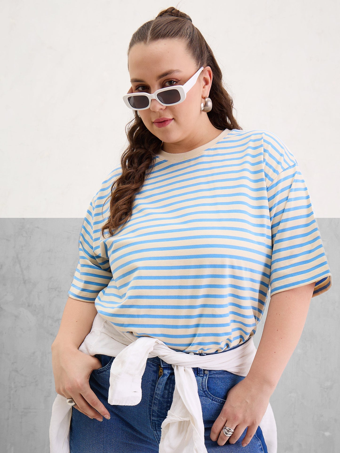 Plus size women's Blue Cotton Blue & Off White Stripe Round Neck T-Shirt by Sassafras Curve for wholesale buyers, boutiques, resellers and bulk