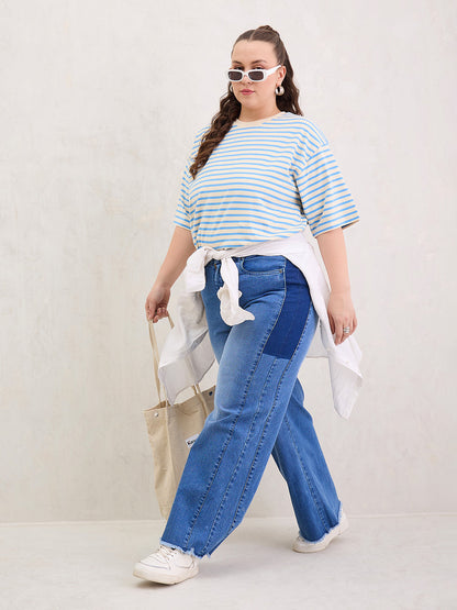 Blue & Off White Stripe Round Neck T-Shirt-SASSAFRAS Curve