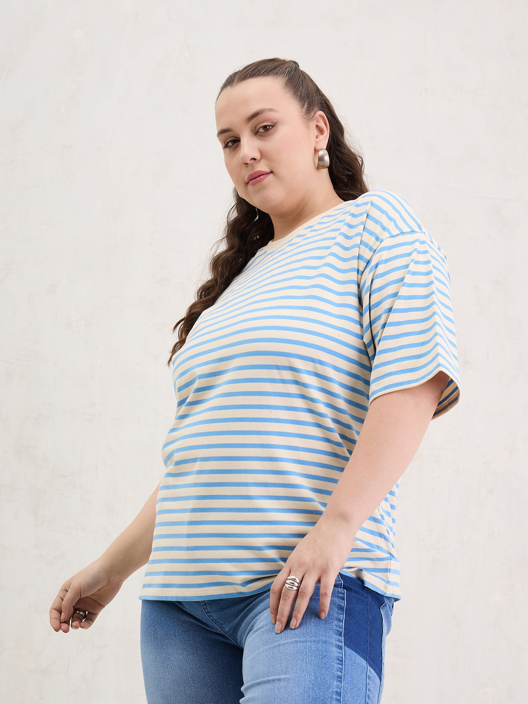 Blue &amp; Off White Stripe Round Neck T-Shirt-SASSAFRAS Curve