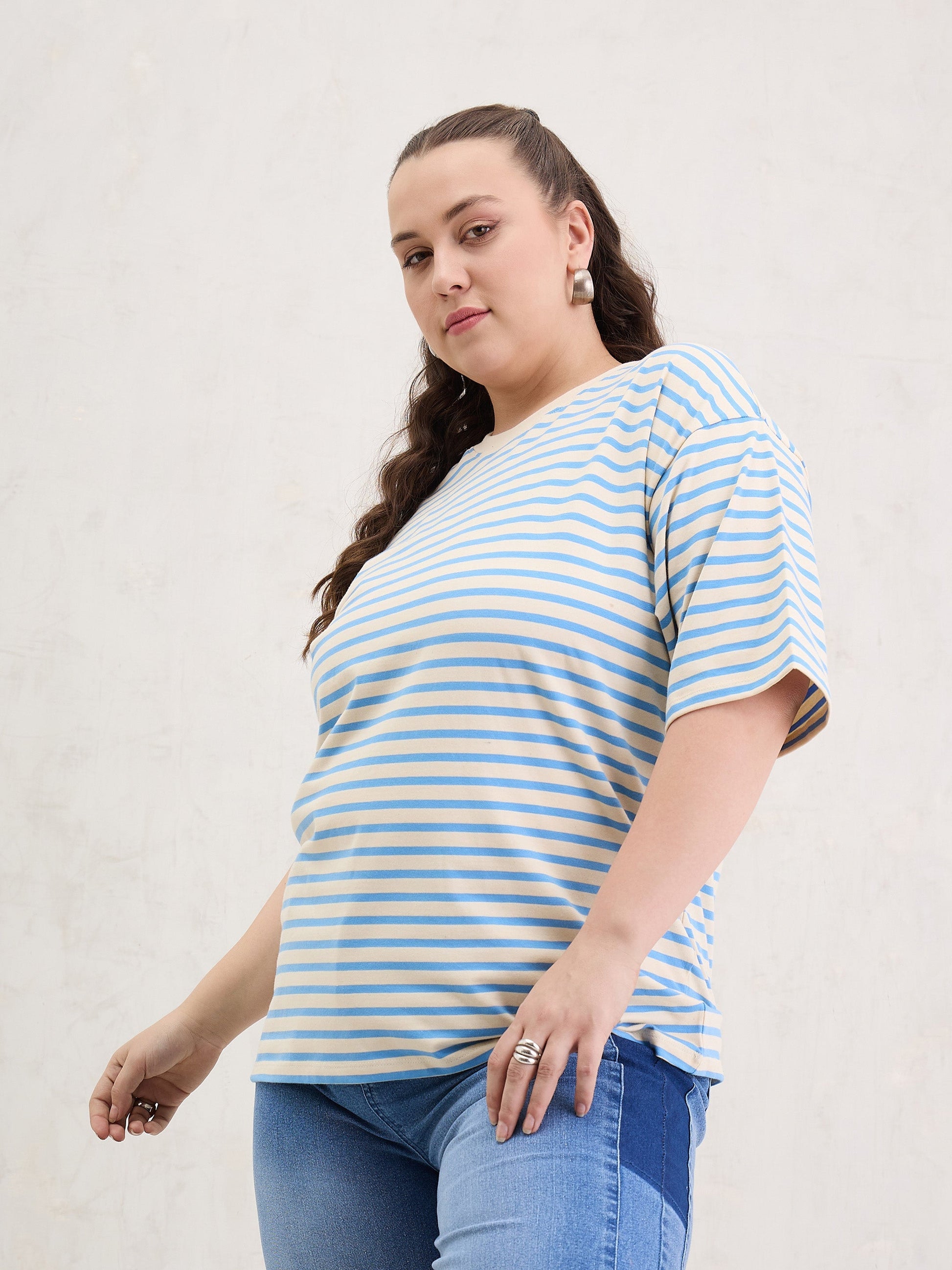 Blue & Off White Stripe Round Neck T-Shirt-SASSAFRAS Curve