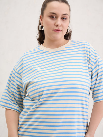Blue & Off White Stripe Round Neck T-Shirt-SASSAFRAS Curve