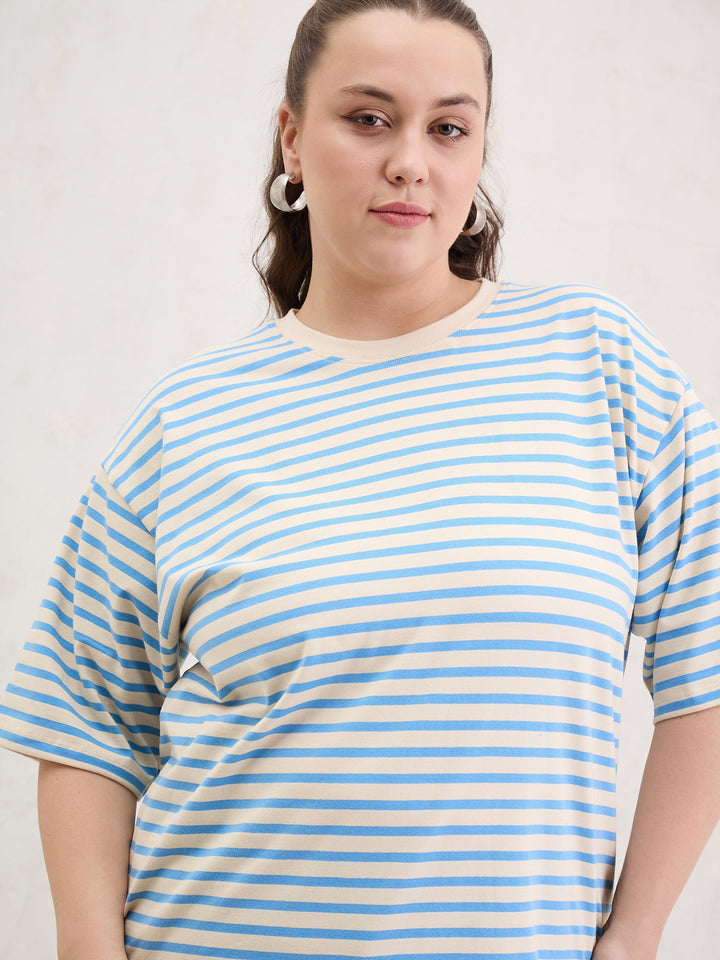 Blue &amp; Off White Stripe Round Neck T-Shirt-SASSAFRAS Curve