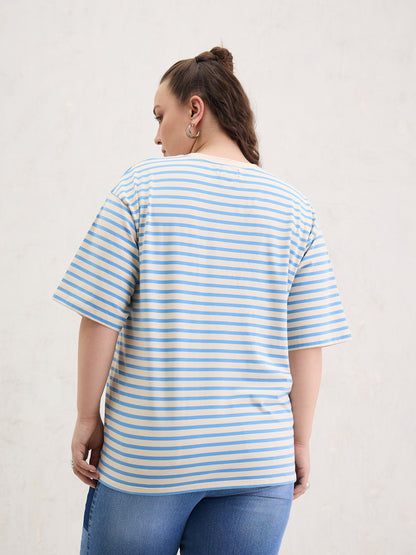 Blue & Off White Stripe Round Neck T-Shirt-SASSAFRAS Curve