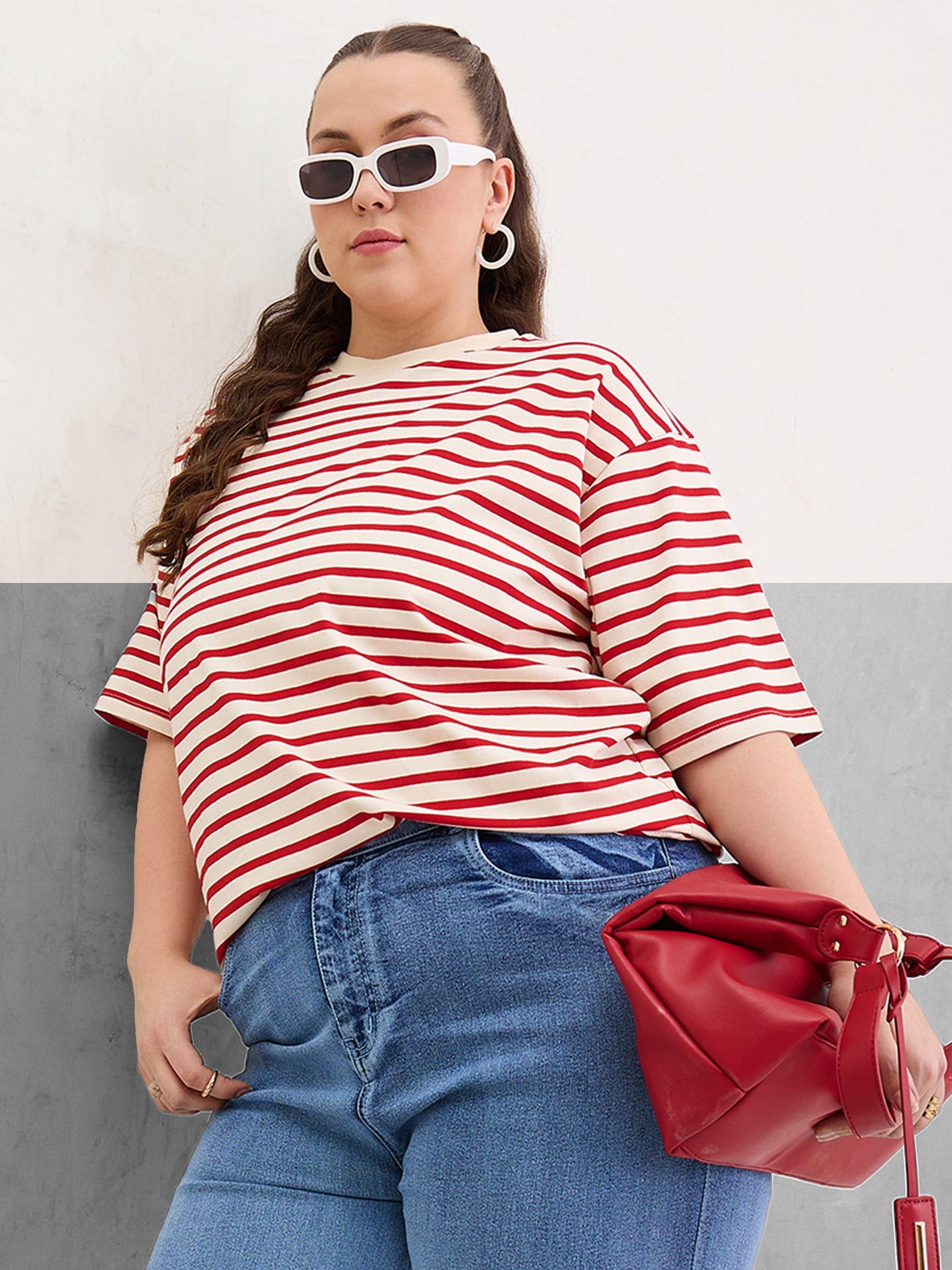 Plus size women's Red Cotton Red & Off White Stripe Round Neck T-Shirt by Sassafras Curve for wholesale buyers, boutiques, resellers and bulk orders