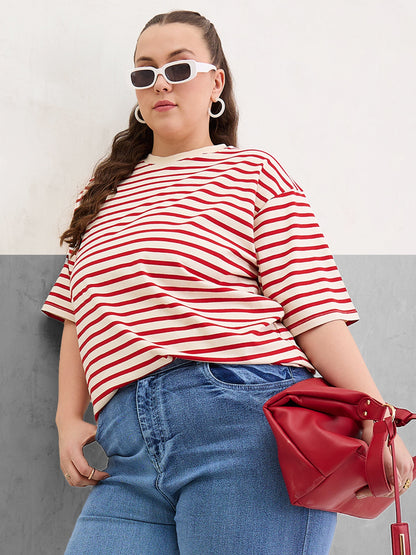 Plus size women's Red Cotton Red & Off White Stripe Round Neck T-Shirt by Sassafras Curve for wholesale buyers, boutiques, resellers and bulk orders