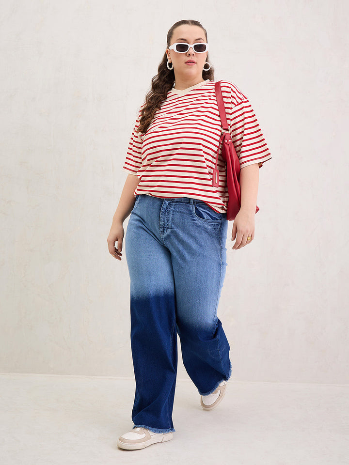 Red &amp; Off White Stripe Round Neck T-Shirt-SASSAFRAS Curve