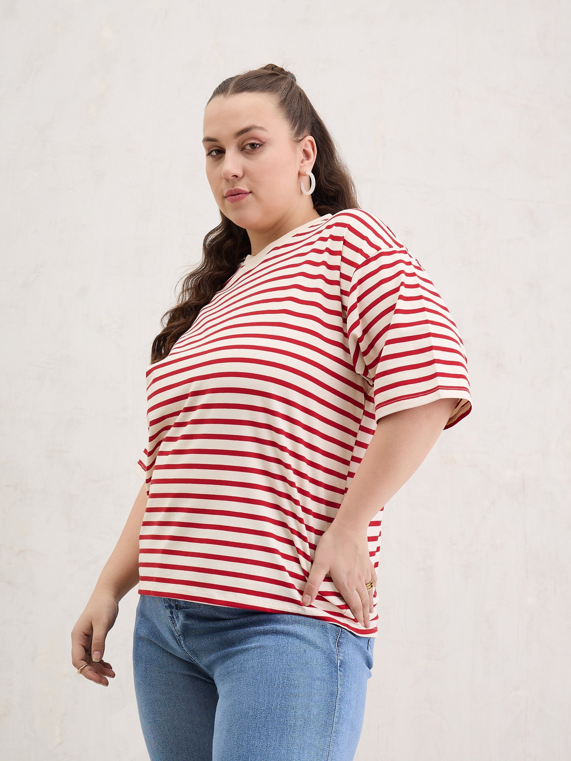 Red & Off White Stripe Round Neck T-Shirt-SASSAFRAS Curve