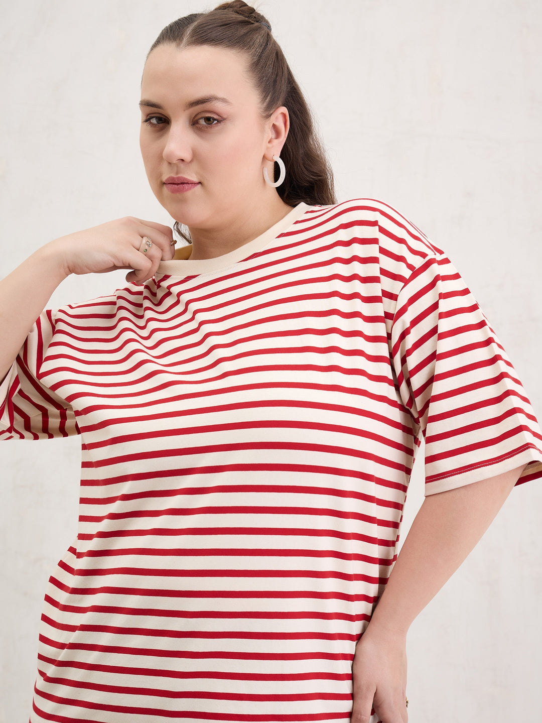 Red &amp; Off White Stripe Round Neck T-Shirt-SASSAFRAS Curve