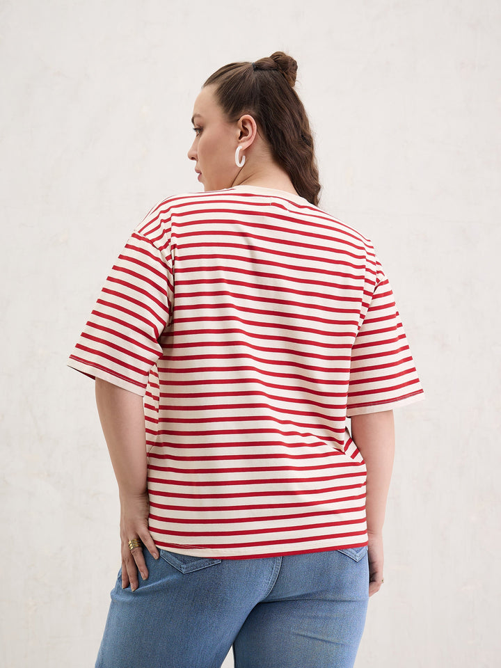 Red &amp; Off White Stripe Round Neck T-Shirt-SASSAFRAS Curve