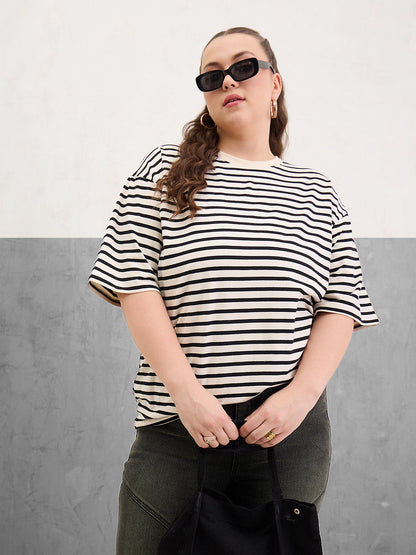 Plus size women's Black Cotton Black & Off White Stripe Round Neck T-Shirt by Sassafras Curve for wholesale buyers, boutiques, resellers and bulk