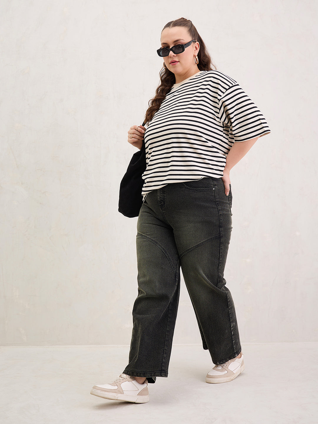 Black & Off White Stripe Round Neck T-Shirt-SASSAFRAS Curve