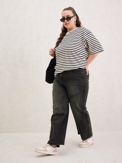Black & Off White Stripe Round Neck T-Shirt-SASSAFRAS Curve