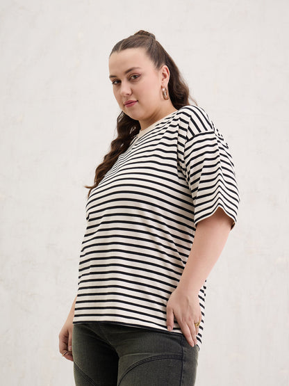 Black & Off White Stripe Round Neck T-Shirt-SASSAFRAS Curve