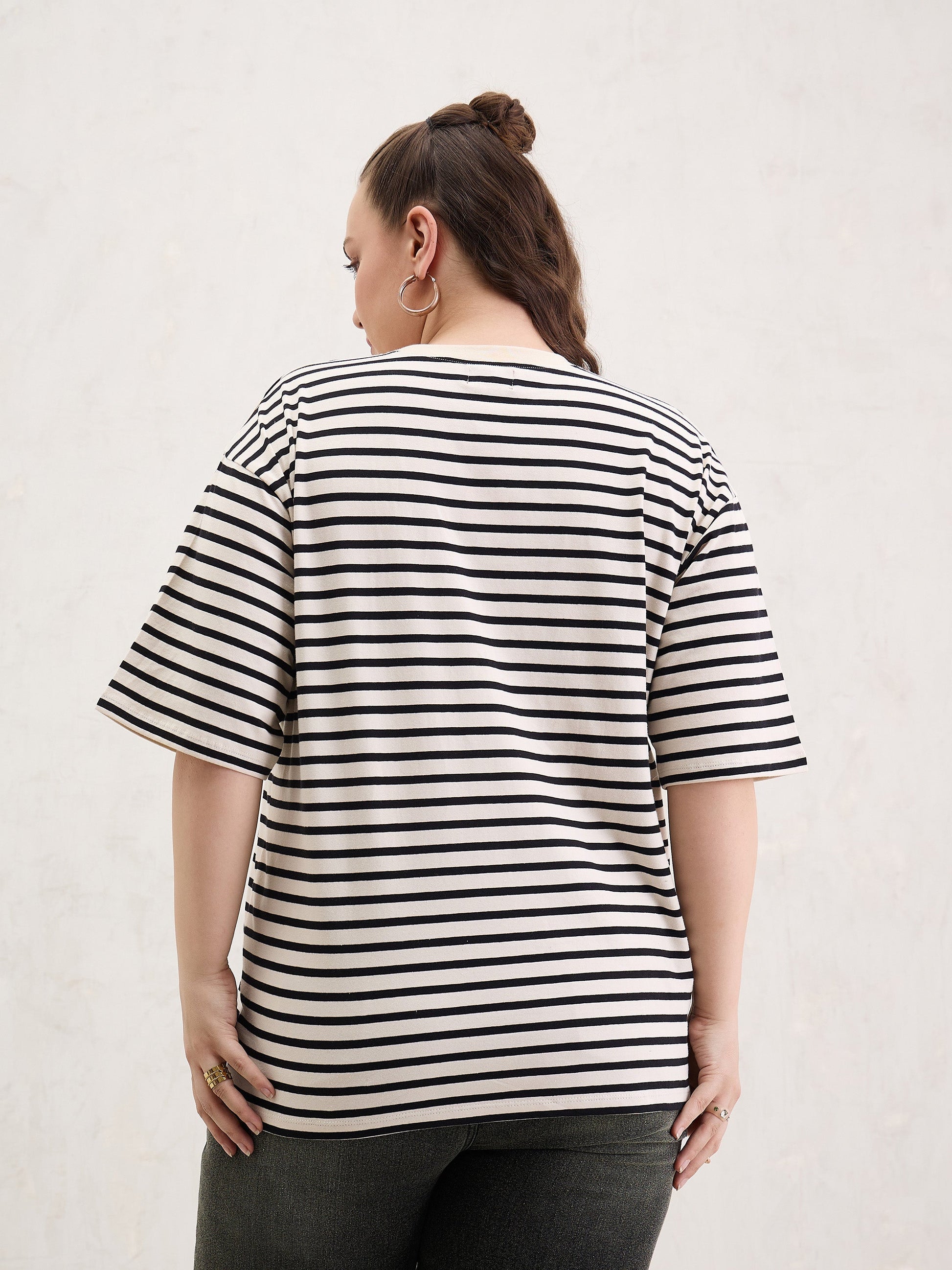 Black & Off White Stripe Round Neck T-Shirt-SASSAFRAS Curve