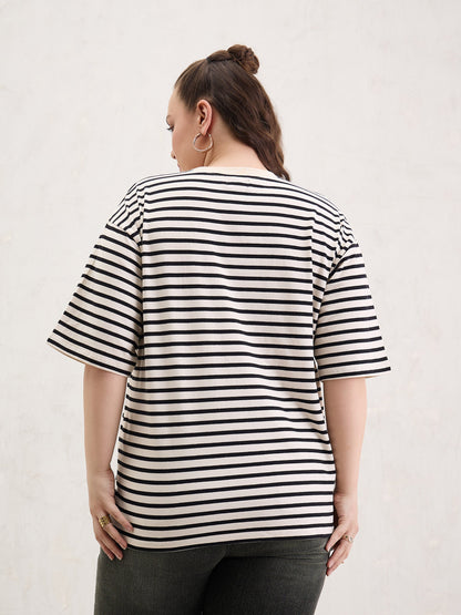 Black & Off White Stripe Round Neck T-Shirt-SASSAFRAS Curve